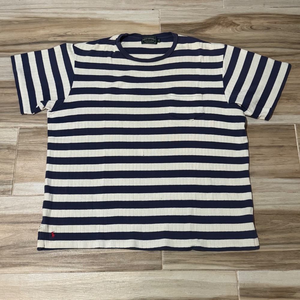 Vintage Polo Country Ralph Lauren Striped Pocket T-Shirt XL Navy White USA Made